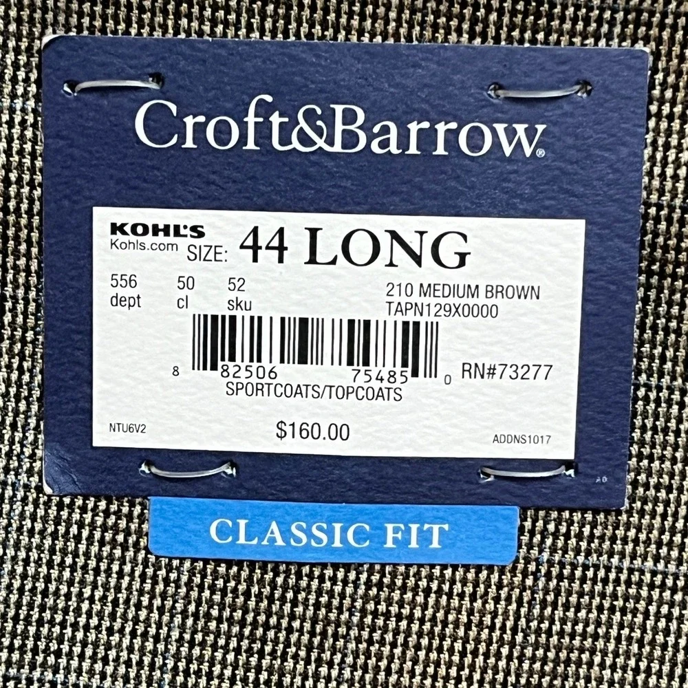 Croft & Barrow Sport Coat Mens 44L Brown Classic Fit Two Button‎ Blazer NWT